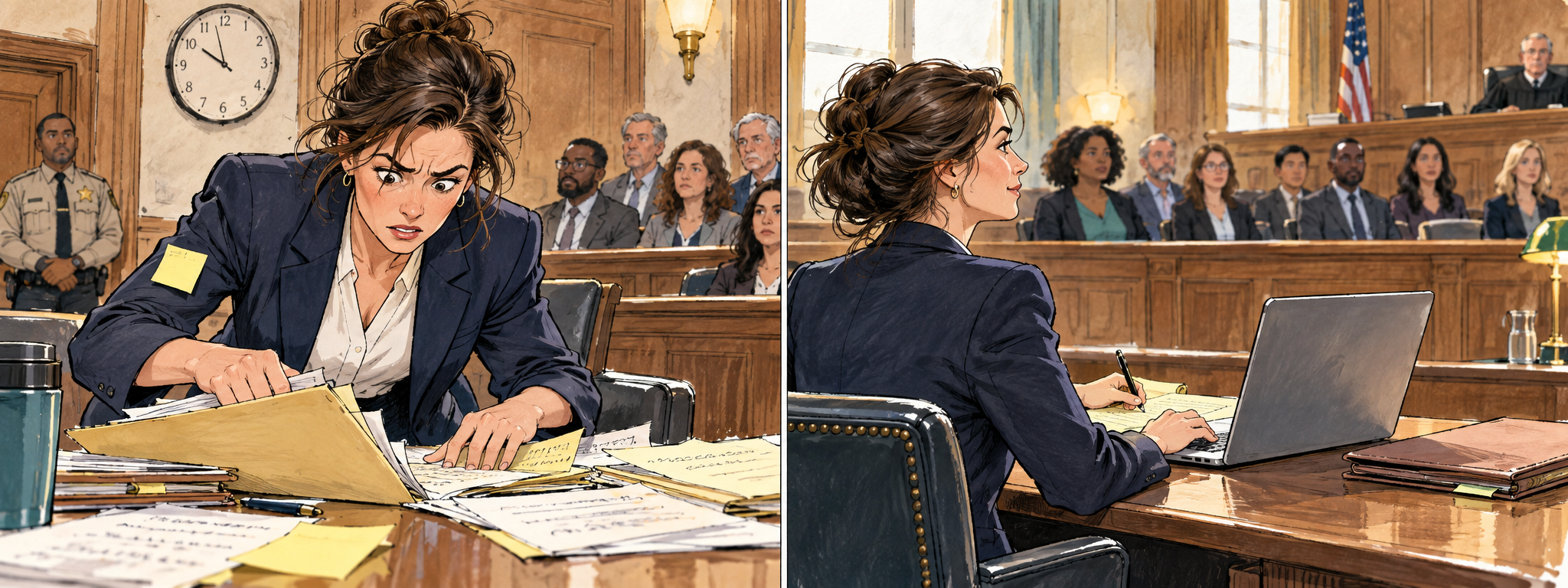 Loose editorial cartoon of a lawyer urgently searching paper notes for a half-remembered juror detail