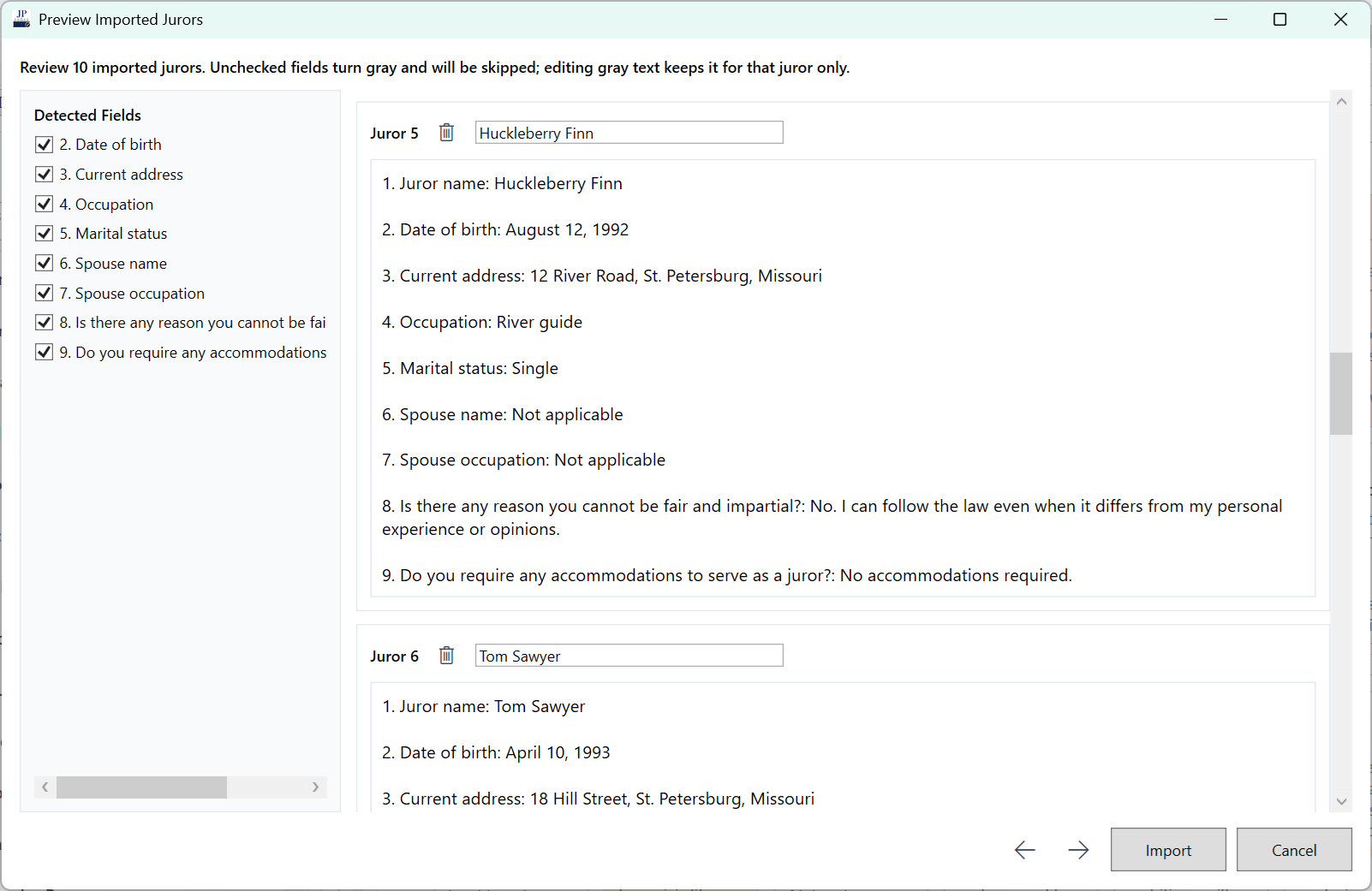 Jury Pro import preview showing jurors and detected questionnaire fields