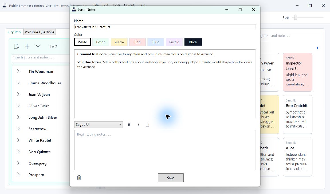 Jury Pro juror notes window with color and formatting controls