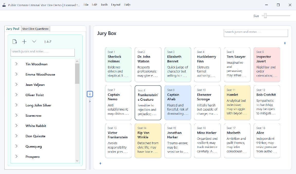 Jury Pro showing the jury pool and a fully populated jury box