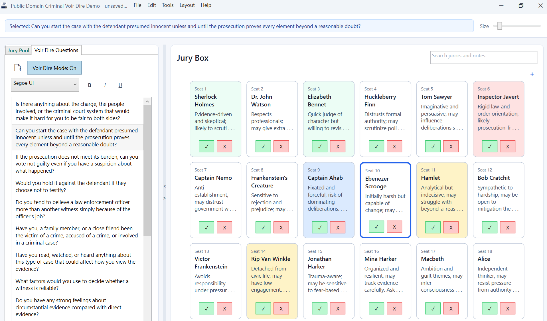 Jury Pro Voir Dire Mode with an active question and response controls