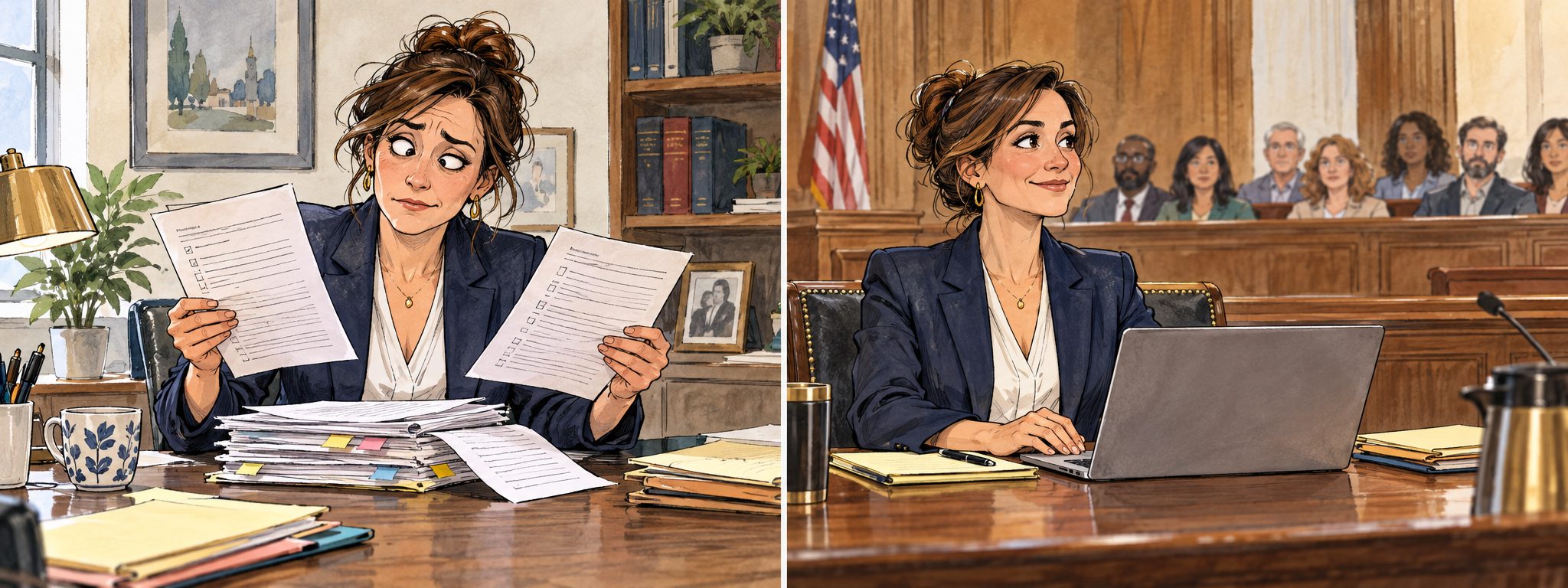 Loose editorial cartoon of a lawyer in her office, comedically flustered by a modest stack of paper questionnaires