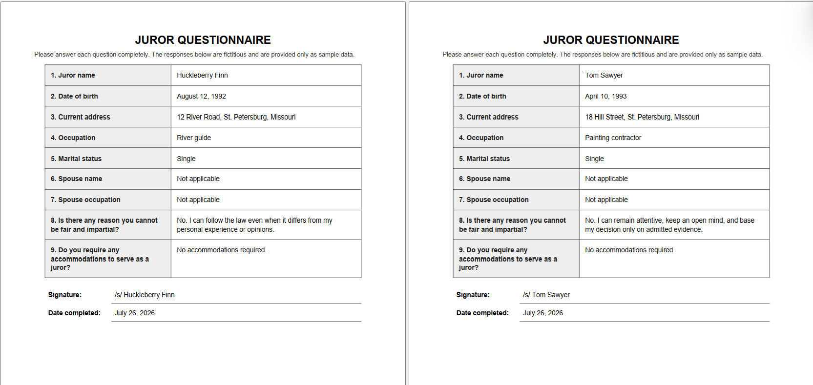 Two completed juror questionnaires