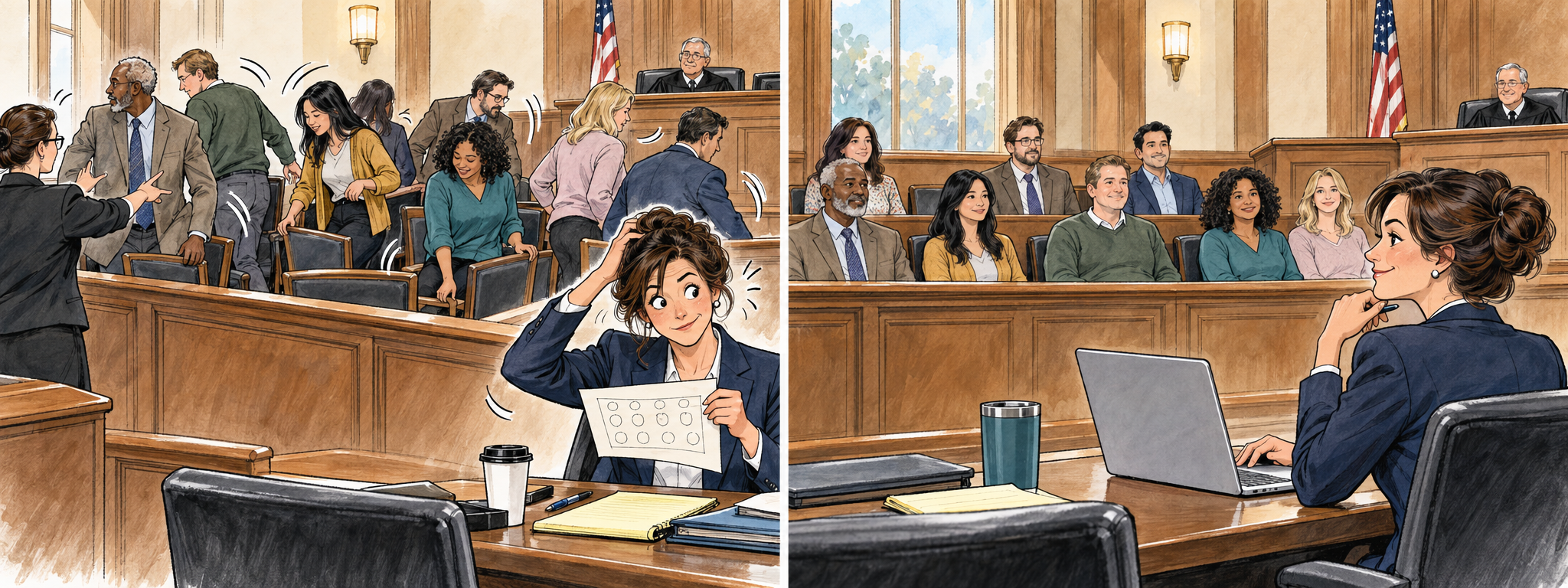 Loose editorial cartoon of jurors actively changing seats while the lawyer's paper chart becomes outdated