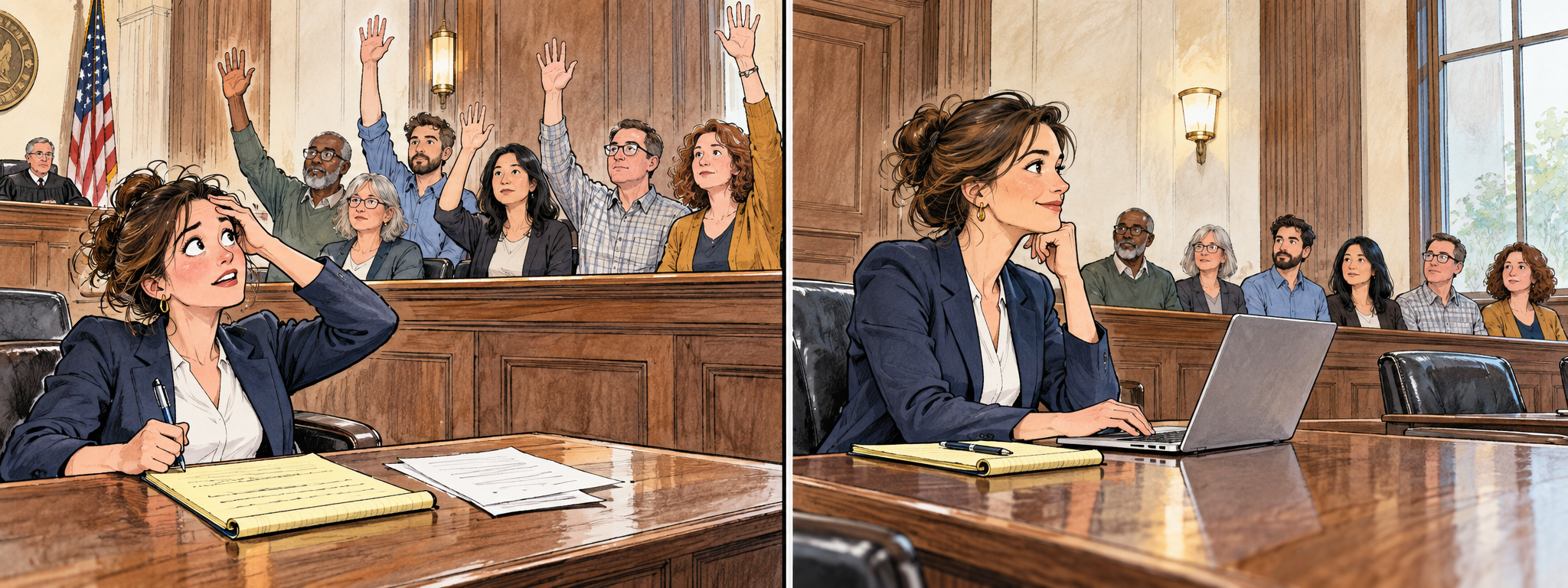 Loose editorial cartoon of six jurors raising their hands while the lawyer reacts to the rush of responses